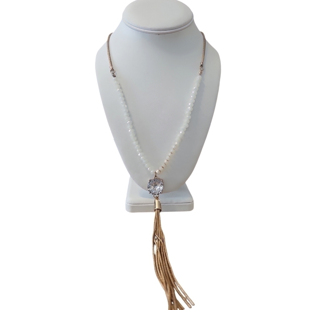 Vintage Lane Bryant Elegant Gold Tone White Faceted Glass Bead Tassel Necklace
